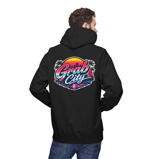 Retro Palm Sunset Hoodie — "Grab City" Vaporwave Pullover
